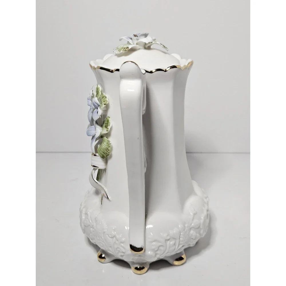 Porcelain Teapot 3D Applied Purple Violet Flowers White Gold Trim Footed Vintage